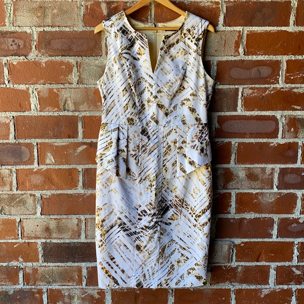 Black Halo White and Gold Patterned Peplum Sheath Dress